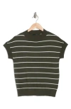 T Tahari Short Sleeve Crew Sweater In Olive/ivory Stripe