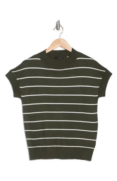 T Tahari Short Sleeve Crew Sweater In Olive/ivory Stripe