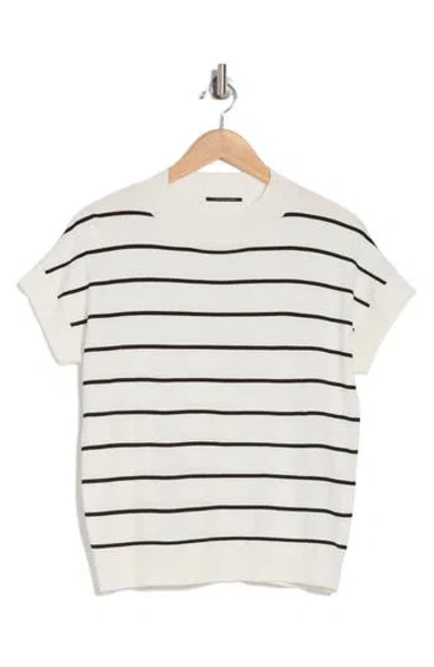 T Tahari Short Sleeve Crew Sweater In Snow Globe/black Stripe