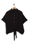 T Tahari Short Sleeve Gauze Tie Camp Shirt In Black