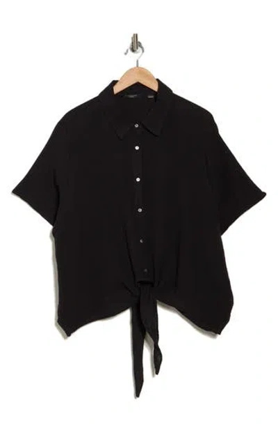 T Tahari Short Sleeve Gauze Tie Camp Shirt In Black