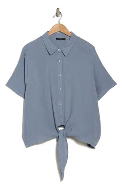 T Tahari Short Sleeve Gauze Tie Camp Shirt In Mid Steel Blue