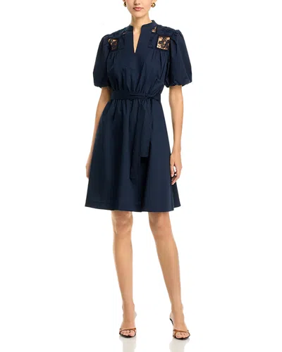 T Tahari Short Sleeve Lace Detail Mini Dress In Blue
