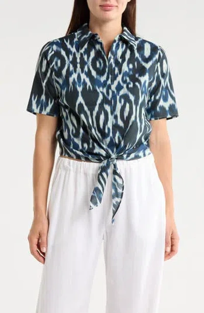 T Tahari Short Sleeve Tie Front Cotton & Linen Crop Shirt In Blue