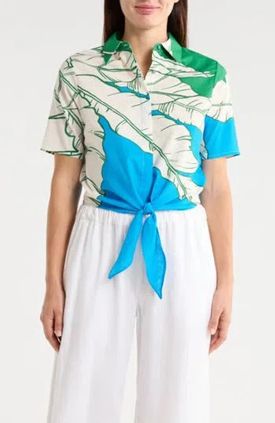 T Tahari Short Sleeve Tie Front Cotton & Linen Crop Shirt In Multi
