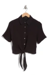 T Tahari Short Sleeve Tie Front Cotton Gauze Shirt In Black