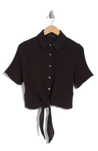 T Tahari Short Sleeve Tie Front Cotton Gauze Shirt In Black
