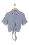 T Tahari Short Sleeve Tie Front Cotton Gauze Shirt In Mid Steel Blue