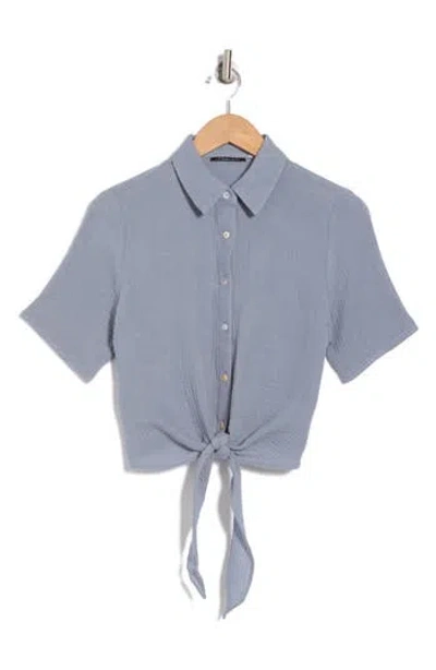 T Tahari Short Sleeve Tie Front Cotton Gauze Shirt In Mid Steel Blue