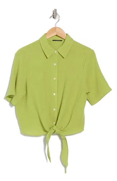 T Tahari Short Sleeve Tie Front Cotton Gauze Shirt In Spring Green