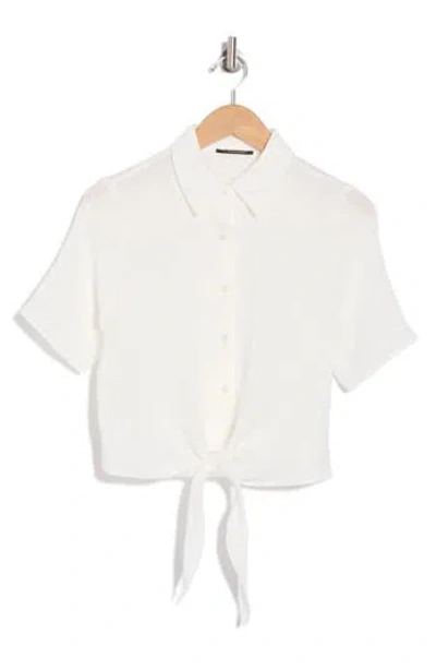 T Tahari Short Sleeve Tie Front Cotton Gauze Shirt In Sugar White