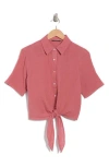 T Tahari Short Sleeve Tie Front Cotton Gauze Shirt In Sunset Rose
