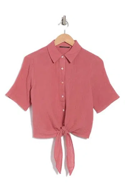 T Tahari Short Sleeve Tie Front Cotton Gauze Shirt In Sunset Rose