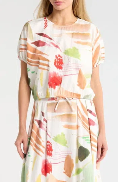 T Tahari Short Sleeve Tie Waist Crop Top In Multi