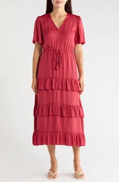 T Tahari Short Sleeve Tiered Maxi Dress In Red