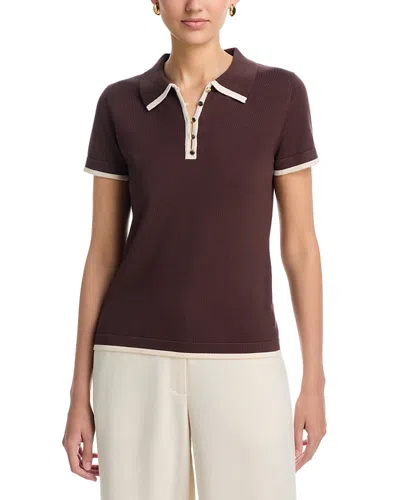 T Tahari Short Sleeve Tipped Polo Sweater In Brown