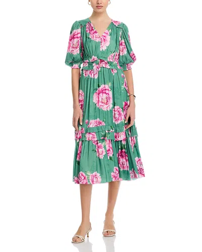 T Tahari Short Sleeve V Neck Fit And Flare Dress In Pink Bouquet Garden