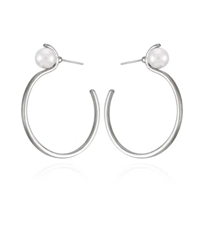 T Tahari Silver-tone Imitation Pearl Open C Hoop Earrings