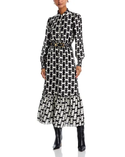 T Tahari Smocked Long Sleeve Dress In London Chain Print