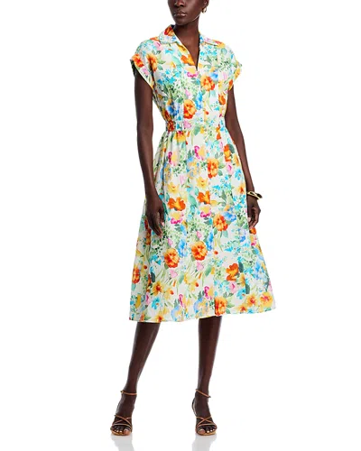 T Tahari Smocked Waist Floral Print Dress In Sky Garden