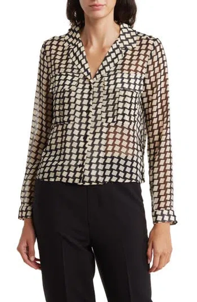 T Tahari Snake Print Long Sleeve Crop Blouse In Black/cream Geo