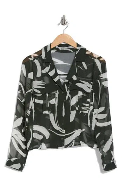 T Tahari Snake Print Long Sleeve Crop Blouse In Jungle Green/ivory Brush