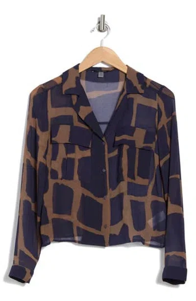 T Tahari Snake Print Long Sleeve Crop Blouse In Navy/gold Cobblestone