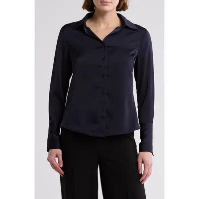 T Tahari Solid Long Sleeve Button-up Shirt In True Navy