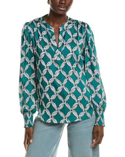 T Tahari Long Sleeved Split Neck Blouse With Smocked Cuffs In Multi