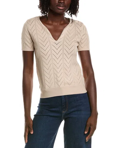 T Tahari Split Neck Collar Pointelle Sweater In Brown