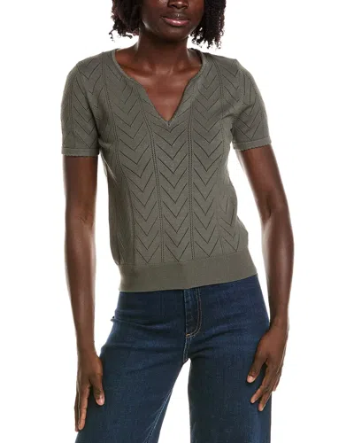 T Tahari Split Neck Collar Pointelle Sweater In Green