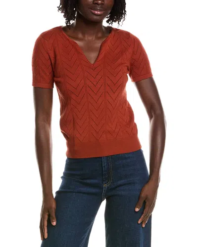 T Tahari Split Neck Collar Pointelle Sweater In Orange