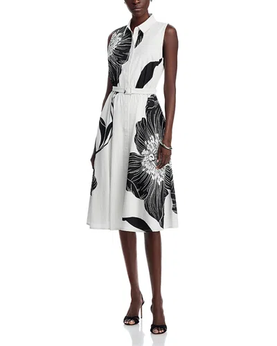 T Tahari Split Neck Fit & Flare Dress In White