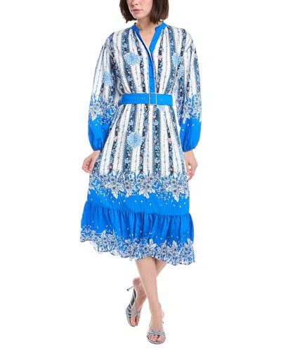 T Tahari Split Neck Half Placket Midi Shirtdress In Blue