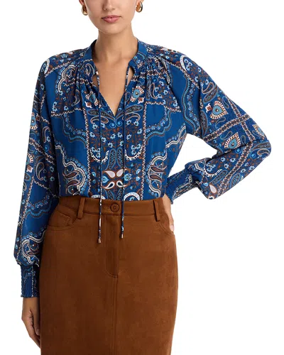 T Tahari Split Neck Paisley Print Top In Blue