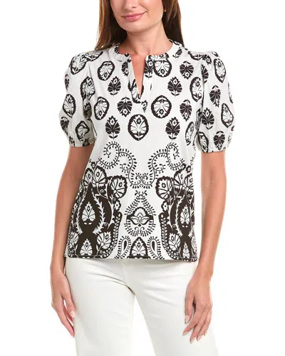 T Tahari Split Neck Puff Sleeve Blouse In White