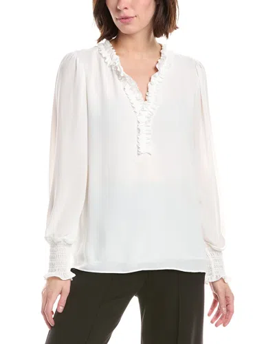 T Tahari Split Neck Ruffle Trim Blouse In Neutral