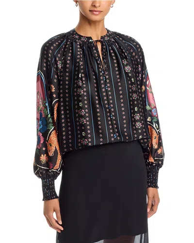 T Tahari Split Neck Smocked Trim Blouse In Multi