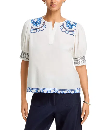 T Tahari Split V Neck Embroidered Top In White