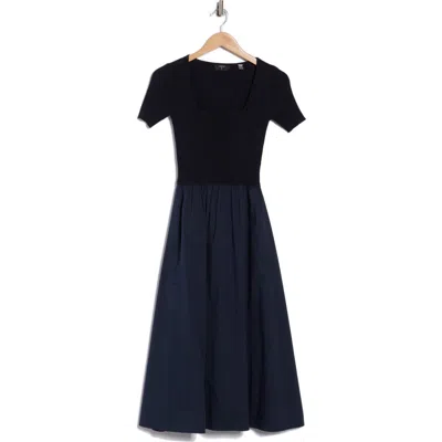 T Tahari Square Neck Short Sleeve Mixed Media Dress In Blue
