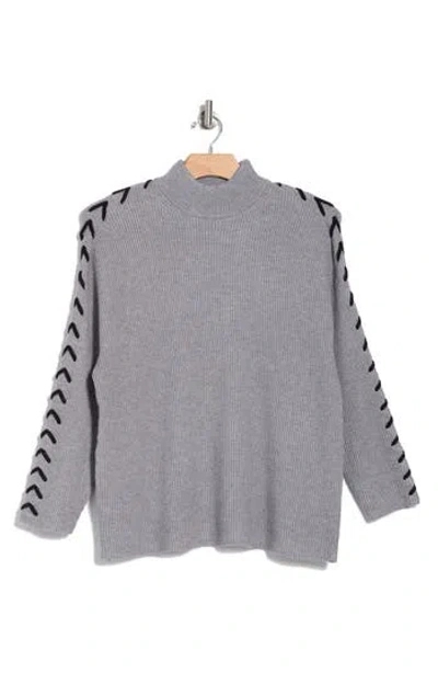 T Tahari Stitched Mock Neck Sweater In Mist Grey Heather/black