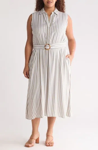 T Tahari Stripe Belted Maxi Shirtdress In Gray