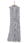 T Tahari Stripe Belted Maxi Shirtdress In Black/white Stripe