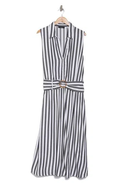 T Tahari Stripe Belted Maxi Shirtdress In Black/white Stripe
