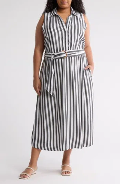 T Tahari Stripe Belted Maxi Shirtdress In Gray