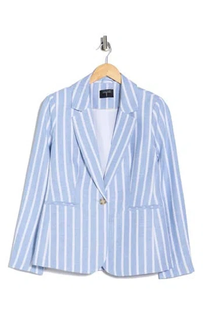 T Tahari Stripe Notch Lapel Linen Blend Blazer In Blue