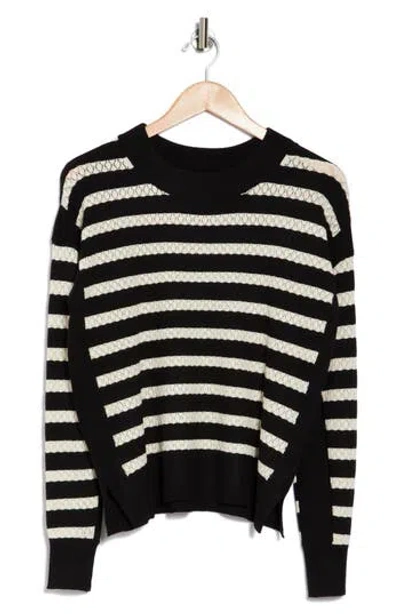 T Tahari Stripe Pointelle Sweater In Black/white