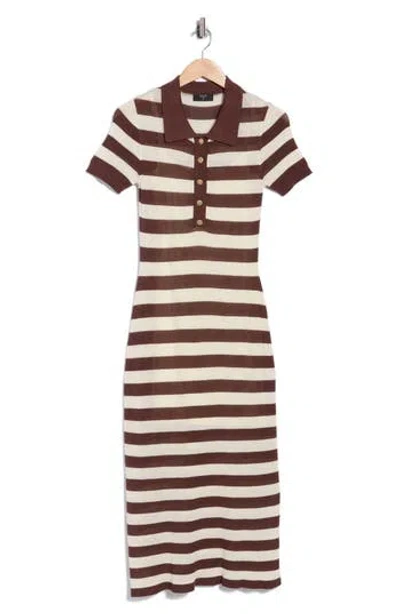 T Tahari Stripe Short Sleeve Polo Midi Dress In Brown