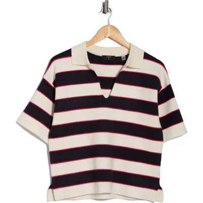 T Tahari Stripe Short Sleeve Polo Sweater In Multi