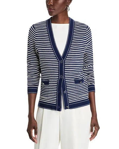 T Tahari Striped Cardigan In Evening Navy Ivory